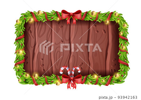 Christmas square fir wreath, wooden plank, X-mas decoration garland, vector New Year game frame.  93942163