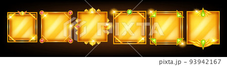 Game frame vector set, avatar UI fantasy RPG gold border, medieval ancient facecam menu, red gem.  93942167
