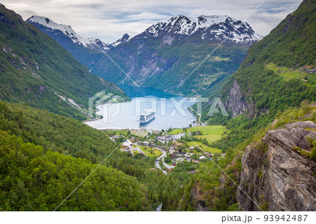 Above Geiranger fjord, ship and village, Norway, Northern Europe Above Geiranger fjord, ship and village, Norway, Northern Europe 93942487