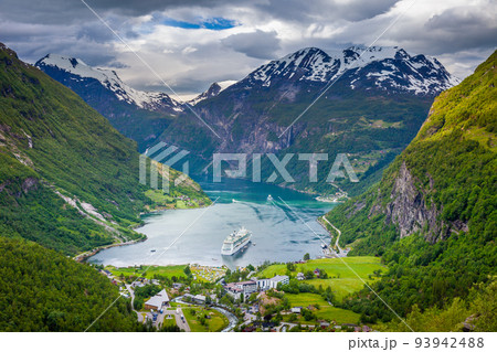 Above Geiranger fjord, ship and village, Norway, Northern Europe Above Geiranger fjord, ship and village, Norway, Northern Europe 93942488