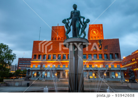 Oslo city hall at dramatic evening, Norway, Scandinavia, long exposure 93942608