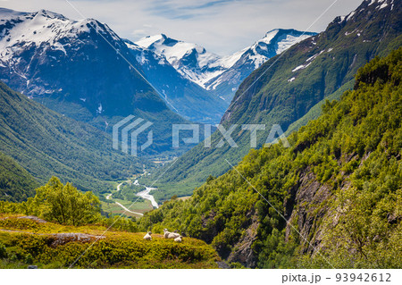 Dramatic mountains landscape in Stryn from Gamle road, western Norway 93942612