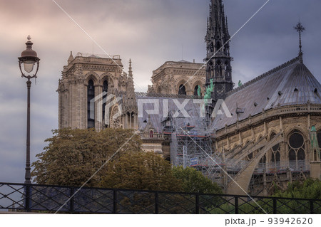 Notre Dame of Paris spire, columns and archs, back view, France 93942620