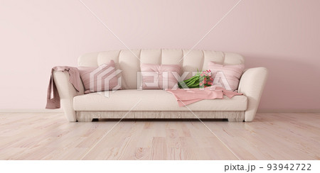 White sofa, interior design of modern living room with sofa, pink wall 3d rendering 93942722