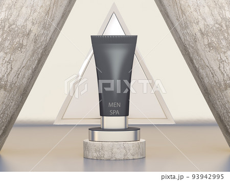 Skin care cosmetic product for men, cream, body gel, shampoo . 3d rendering. Mock-up promo banner, poster, gray background. 93942995
