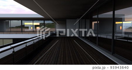 Stunning deck of a contemporary design villa. Terrace board and much mirror glass reflecting amazing sunset. 3d render. 93943640