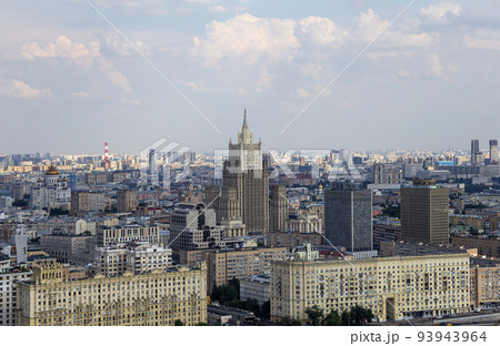 Aerial view of center of Moscow from observation deck  located on the 33rd floor of the Radisson Collection Hotel (historical name Hotel Ukraina), Russia 93943964