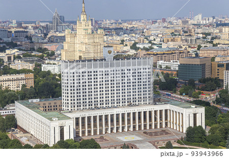 Aerial view of Moscow from observation deck located of the Radisson Collection Hotel (Hotel Ukraina). House of the Government of the RF(White House)-written in Russian, Russia 93943966
