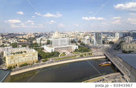 Aerial view of Moscow from observation deck located of the Radisson Collection Hotel (Hotel Ukraina). House of the Government of the RF(White House)-written in Russian, Russia Aerial view of Moscow from observation deck located of the Radisson Collection Hotel (Hotel Ukraina). House of the Government of the RF(White House)-written in Russian, Russia 93943967