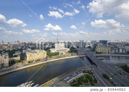 Aerial view of Moscow from observation deck located of the Radisson Collection Hotel (Hotel Ukraina). House of the Government of the RF(White House)-written in Russian, Russia 93944062