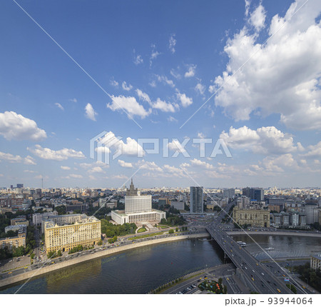 Aerial view of Moscow from observation deck located of the Radisson Collection Hotel (Hotel Ukraina). House of the Government of the RF(White House)-written in Russian, Russia 93944064