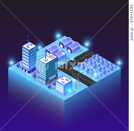 City industrial factories Isometric night lights architecture 3D illustration City industrial factories Isometric night lights architecture 3D illustration 93944284