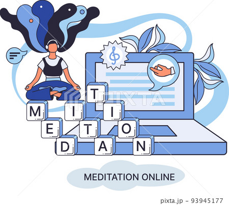 Meditation online metaphor. Practicing yoga, mental exercises. Wellness practice to restore peace of mind Meditation online metaphor. Practicing yoga, mental exercises. Wellness practice to restore peace of mind 93945177