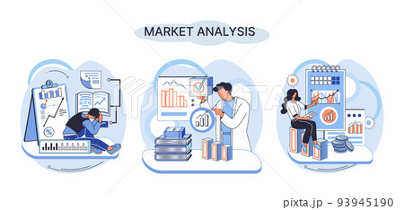 Market analysis metaphor, marketing strategy. Marketer analyzes sales plan, doing an advertising campaign 93945190