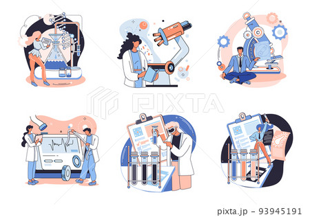 Medical research. Laboratory diagnostic services, medical device design and development scenes set metaphor 93945191