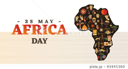 Vector Abstract Illustration, Continent of Africa with traditional elements, houses, people, trees and masks.  Graphic Design Concept. May 25 is Africa Day