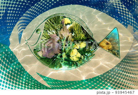 Fish and Colorful coral reef with many fishes and sea turtle. Save marine life. Conceptual art design or collage. Water pollution, saving environment, ecology, world social and eco issues Fish and Colorful coral reef with many fishes and sea turtle. Save marine life. Conceptual art design or collage. Water pollution, saving environment, ecology, world social and eco issues 93945467