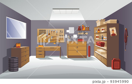 Garage interior with instruments, tools for carpentry and repair works. Empty workshop. Workplace of the master on car repair with working tools 93945990
