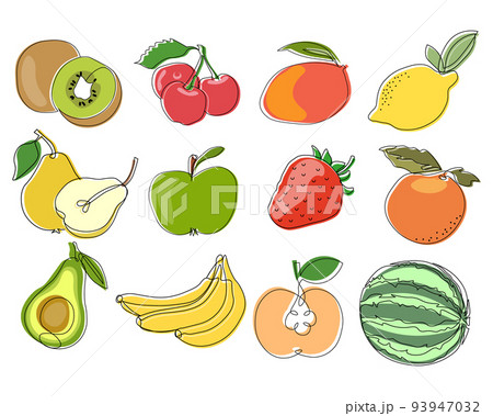 Fruit set, pear, apple, avocado, kiwi, mango, bananas, watermelon, cherries, lemon. Illustration, vector 93947032