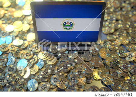 Laptop with flag of El Salvador and pile of bitcoins. Cryptocurrency mining and national regulations concepts, 3d rendering 93947461