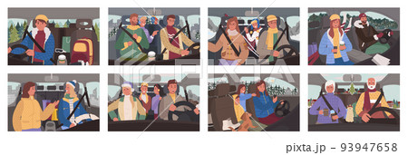 Winter Road Trip People Traveling by Cars Set 93947658