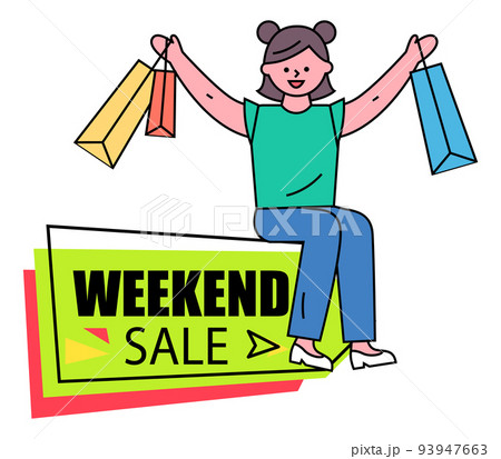 Weekend Sale Banner with Shopping Woman Vector 93947663