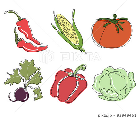 Set of vegetables, chili pepper, cabbage, beetroot, tomato, corn. Print, decor elements, vector 93949461