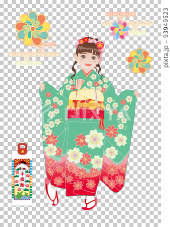 七五山穿著綠色和服的女孩（7歲矢量） 93949523