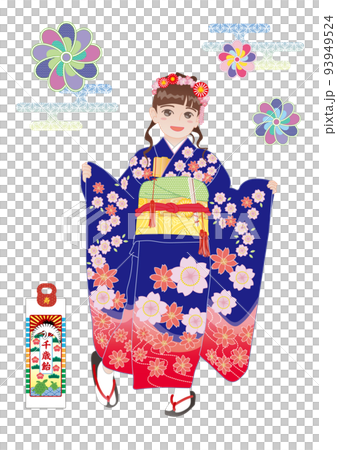 在七五山穿著藍色和服的女孩（7歲矢量） 93949524