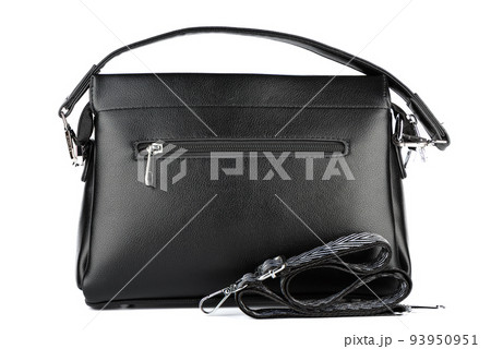 Fashionable black leather women's handbag with a short strap and a long strap on a white background. 93950951