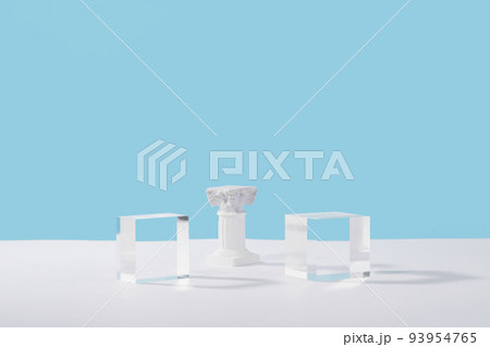 Cosmetic display podium platform with roman marble column for product presentation, cosmetics geometric stand stylish props, mockup scene for jewellery. Platform, balls and mirror on blue Cosmetic display podium platform with roman marble column for product presentation, cosmetics geometric stand stylish props, mockup scene for jewellery. Platform, balls and mirror on blue 93954765