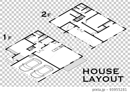 架空のビルトインガレージ付き戸建住宅 シンプルな一軒家の間取り アイソメ図 93955281