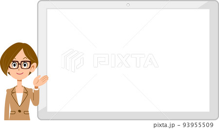 横置きの白いタブレットPCの左側で案内する眼鏡をかけたビジネスウーマン 93955509