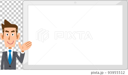 A businessman guiding on the left side of a horizontal white tablet PC 93955512
