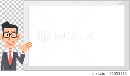 A businessman wearing glasses who guides on the left side of a horizontal white tablet PC 93955513