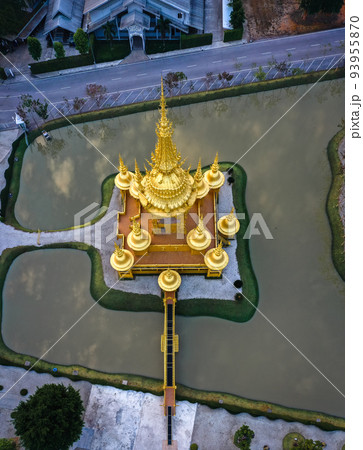 Aerial view of Wat Rong Khun, the white temple, at sunrise, in Chiang Rai, Thailand Aerial view of Wat Rong Khun, the white temple, at sunrise, in Chiang Rai, Thailand 93955870
