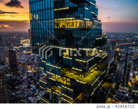 Aerial view of King Power Mahanakhon tower in Sathorn Silom central business district of Bangkok Aerial view of King Power Mahanakhon tower in Sathorn Silom central business district of Bangkok 93956712