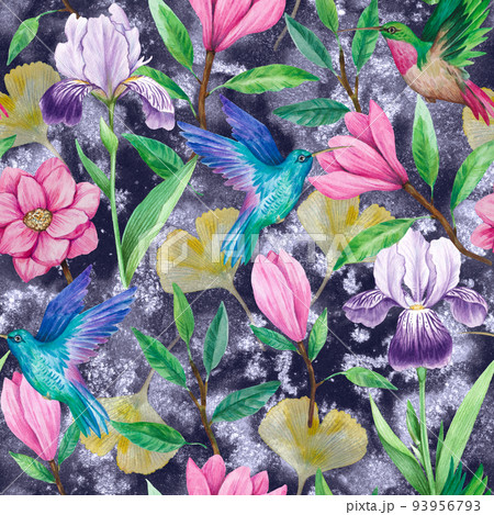Hummingbirds, magnolia and iris flowers. Watercolor illustration. Seamless pattern for decor and design  93956793