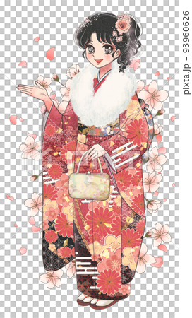 Coming-of-Age Day, cartoon-style illustration of a new adult girl wearing a red kimono Coming-of-Age Day, cartoon-style illustration of a new adult girl wearing a red kimono 93960626