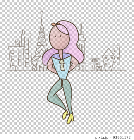 都会の風景と現代的な若い女性 都会の風景と現代的な若い女性 93961172