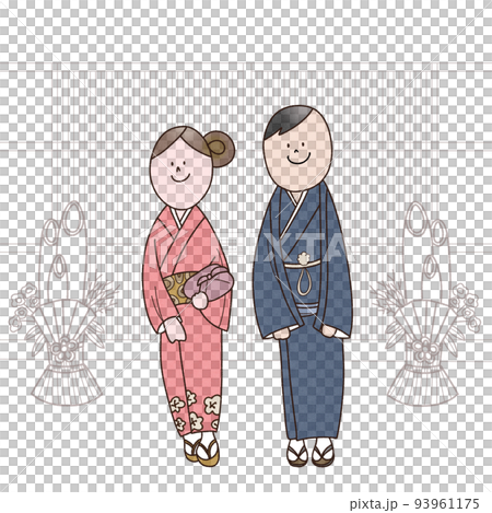 A couple standing at the entrance with a kadomatsu and greeting A couple standing at the entrance with a kadomatsu and greeting 93961175