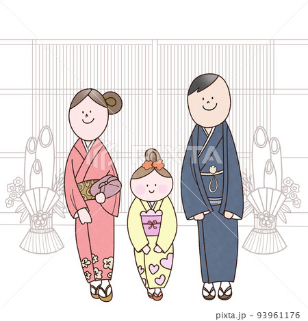 門松のある玄関先に立って挨拶する家族三人 93961176