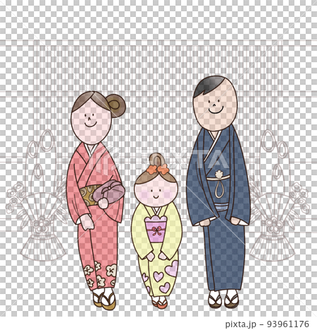 門松のある玄関先に立って挨拶する家族三人 93961176