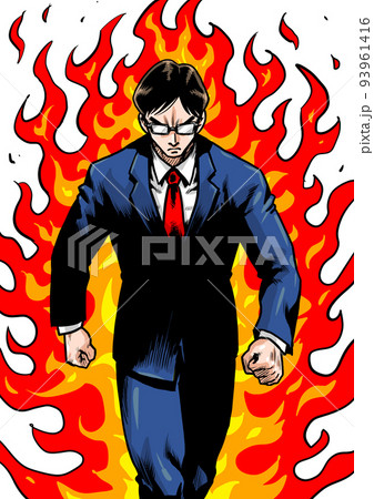 炎を背に一歩踏み出すビジネスマンの劇画マンガ風イラスト 93961416