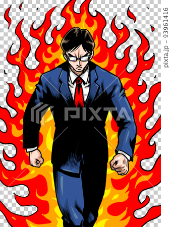 炎を背に一歩踏み出すビジネスマンの劇画マンガ風イラスト 93961416