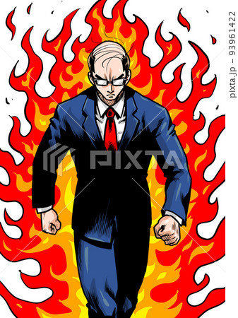 炎を背に一歩踏み出すビジネスマンの劇画マンガ風イラスト 93961422