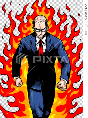 炎を背に一歩踏み出すビジネスマンの劇画マンガ風イラスト 93961422