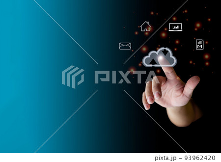 human finger pointing at the cloud show global data transfer with cloud computing, global internet, communication, big data, copy space 93962420
