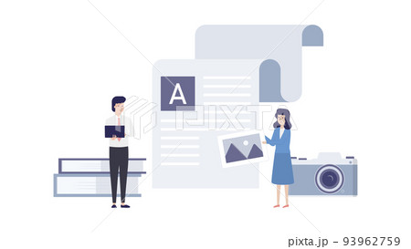 ブログ記事にコンテンツを追加する2人の編集者のイラスト素材 93962759
