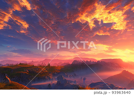 渓谷と川と夕焼け空 ファンタジー風背景 のイラスト素材